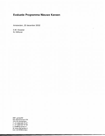 Evaluatie Programma Nieuwe Kansen – Evaluatie Programma Nieuwe Kansen