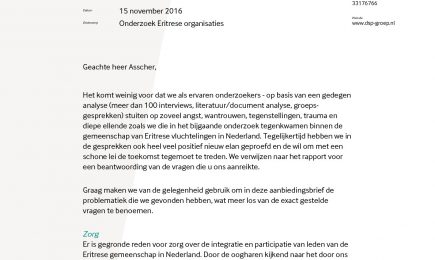 Aanbiedingsbrief aan minister L. Asscher bij Rapport Eritrese organisaties