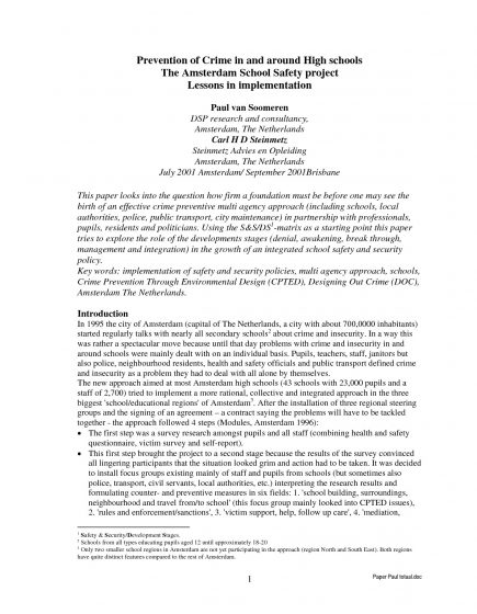 Prevention of Crime in and around High schools, The Amsterdam School Safety project, Lessons in implementation – Prevention of Crime in and around High schools, The Amsterdam School Safety project, Lessons in implementation